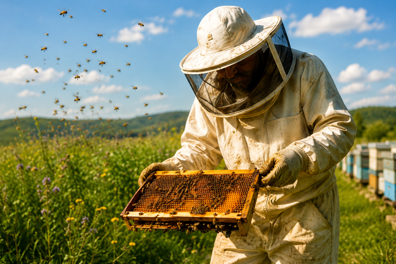 Beekeeper inspecting a honeycomb frame — the natural source of Synergy's apitherapy treatments